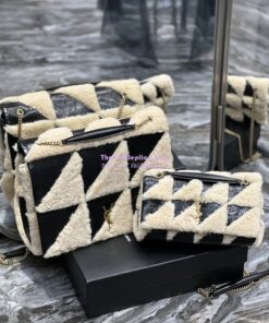 Replica YSL Saint Laurent Jamie Giant Chain Bag "Carré Rive Gauche" In Suede And Shearling Patchwork 712316 Natural Beige And Noir