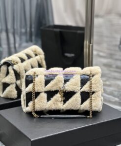 Replica YSL Saint Laurent Jamie Medium Chain Bag "Carré Rive Gauche" In Suede And Shearling Patchwork 515821 Natural Beige And Noir