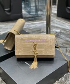 Replica YSL Classic Medium Kate Monogram Saint Laurent Tassel Satchel In Beige Crocodile Embossed Shiny Leather 354119 2