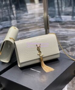 Replica YSL Classic Medium Kate Monogram Saint Laurent Tassel Satchel In Blanc Crocodile Embossed Shiny Leather 354119 2