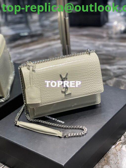 Replica YSL Saint Laurent Medium Sunset Monogram Crocodile embossed bag in Blanc w Silver Hardware 3