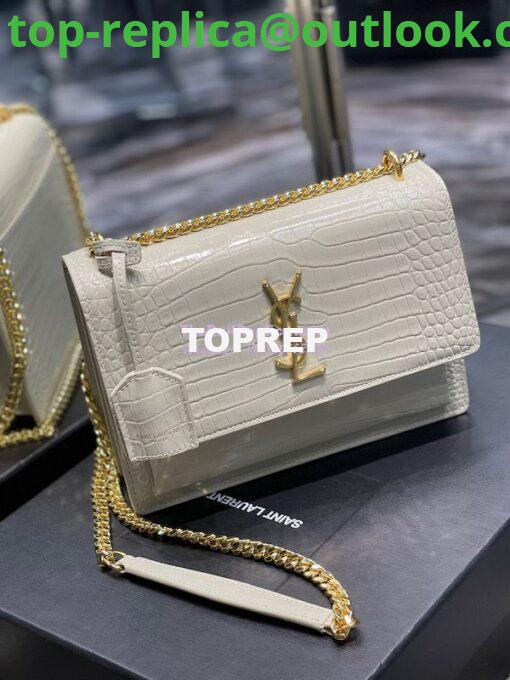 Replica YSL Saint Laurent Medium Sunset Monogram Crocodile embossed bag in Blanc w Gold Hardware 2