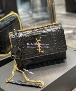 Replica YSL Saint Laurent Medium Sunset Monogram Crocodile embossed bag in Black w Gold Hardware