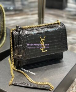 Replica YSL Saint Laurent Medium Sunset Monogram Crocodile embossed bag in Black w Gold Hardware 2