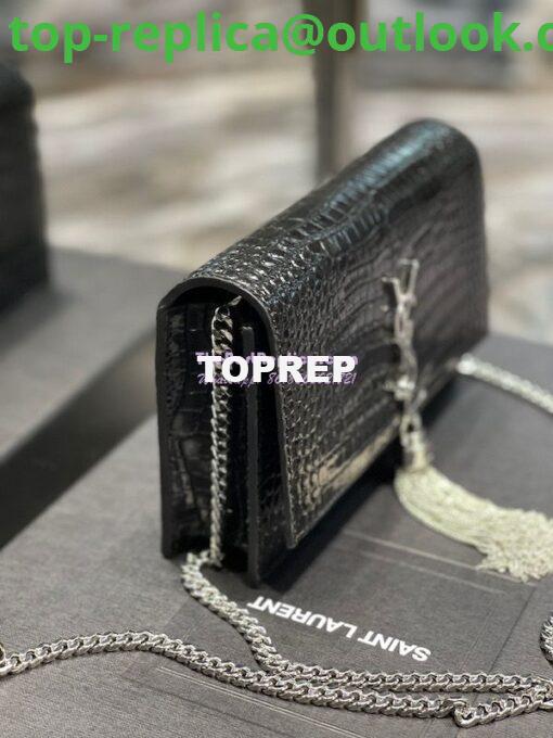 Replica YSL Saint Laurent Kate Chain Wallet With Tassel In Crocodile-embossed Shiny Leather 452159 Black Silver Hardware 4