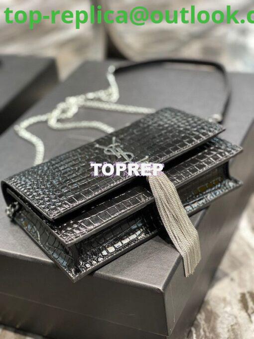 Replica YSL Saint Laurent Kate Chain Wallet With Tassel In Crocodile-embossed Shiny Leather 452159 Black Silver Hardware 7