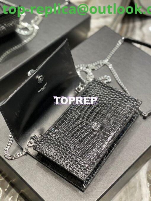 Replica YSL Saint Laurent Kate Chain Wallet With Tassel In Crocodile-embossed Shiny Leather 452159 Black Silver Hardware 8