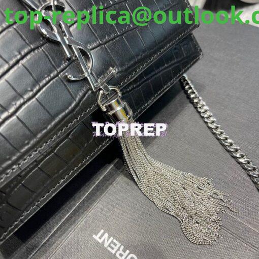 Replica YSL Saint Laurent Kate Chain Wallet With Tassel In Crocodile-embossed Matte Leather 452159 Black Silver Hardware 6