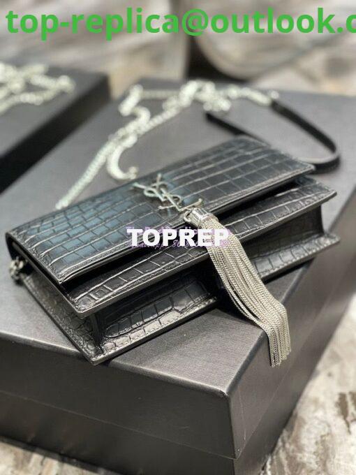 Replica YSL Saint Laurent Kate Chain Wallet With Tassel In Crocodile-embossed Matte Leather 452159 Black Silver Hardware 7