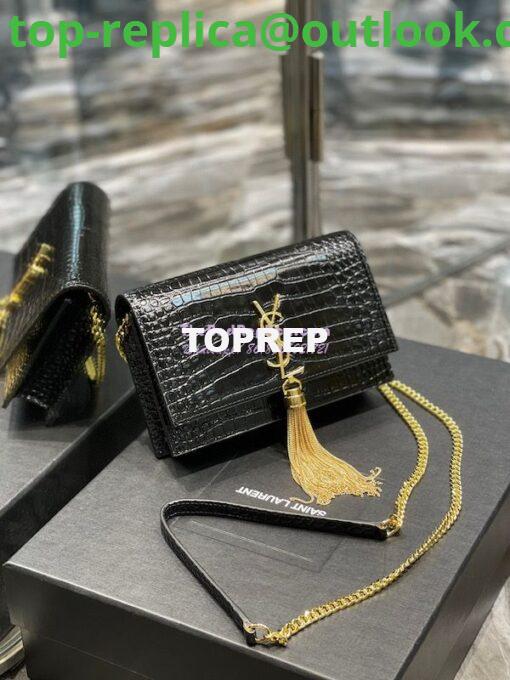 Replica YSL Saint Laurent Kate Chain Wallet With Tassel In Crocodile-embossed Shiny Leather 452159 Black Gold Hardware 2