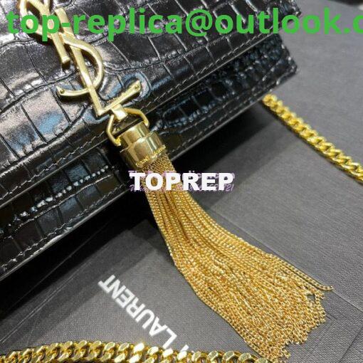 Replica YSL Saint Laurent Kate Chain Wallet With Tassel In Crocodile-embossed Shiny Leather 452159 Black Gold Hardware 6