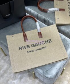 Replica YSL Saint Laurent Rive Gauche Tote Bag In Linen And Leather 499290 Brown Blanc