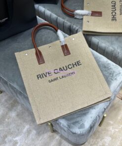 Replica YSL Saint Laurent Rive Gauche N/s Shopping Bag In Linen And Cotton 631682 Brown Blanc 2