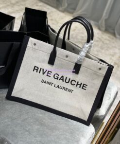 Replica YSL Saint Laurent Rive Gauche Tote Bag In Linen And Leather 499290 Black White