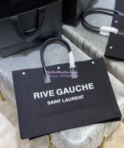 Replica YSL Saint Laurent Rive Gauche Tote Bag In Linen And Leather 499290 Black 2