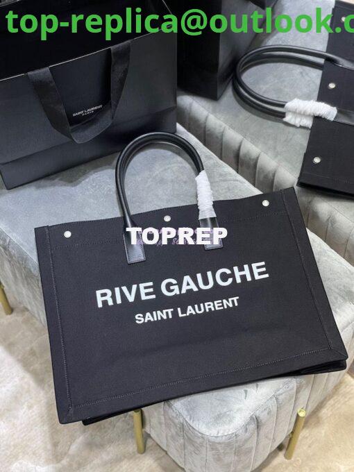 Replica YSL Saint Laurent Rive Gauche Tote Bag In Linen And Leather 499290 Black 2