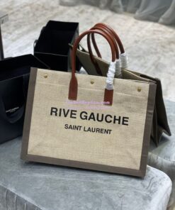 Replica YSL Saint Laurent Rive Gauche Tote Bag In Linen And Leather 499290 Brown