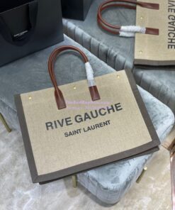 Replica YSL Saint Laurent Rive Gauche Tote Bag In Linen And Leather 499290 Brown 2