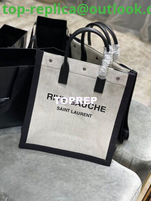 Replica YSL Saint Laurent Rive Gauche N/s Shopping Bag In Linen And Cotton 631682 White Black