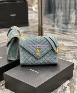 Replica YSL Saint Laurent Envelope Medium Bag In Mix Matelassé Suede Calf 600185 Green