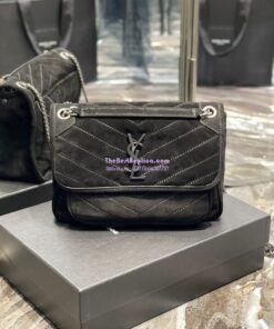 Replica YSL Saint Laurent Niki Medium In Quilted Suede And Smooth Leather 6331581 Black 2