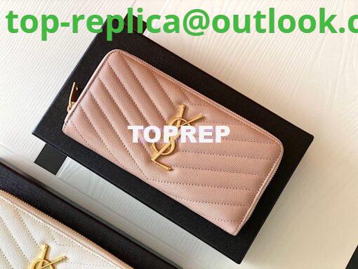 Replica YSL Saint Laurent Monogram Zip Around Wallet In Grain De Poudre Embossed Leather 358094 Light Pink