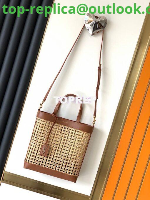 Replica YSL Saint Laurent Saint Laurent N/S Toy Shopping Bag in Woven Cane And Brown Leather 6551612 2