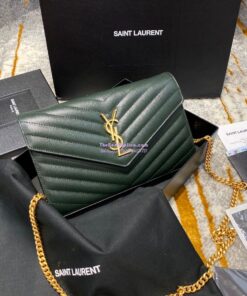 Replica YSL Saint Laurent Monogram Chain Wallet Grain De Poudre Textured Matelasse Leather Green