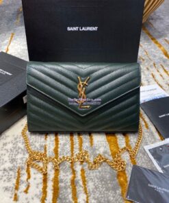 Replica YSL Saint Laurent Monogram Chain Wallet Grain De Poudre Textured Matelasse Leather Green 2