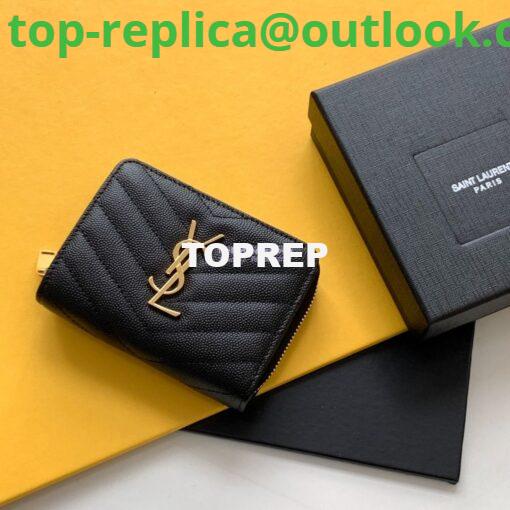 Replica YSL Saint Laurent Monogram compact zip around wallet in black grain de poudre embossed leather gold hardware