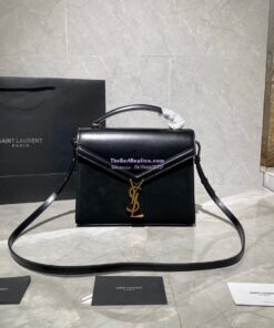 Replica YSL Saint Laurent Cassandra Medium Top Handle Bag In Smooth Leather And Suede 578000 Black