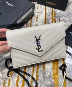 Replica YSL Saint Laurent Envelope Chain Wallet Grain De Poudre 393953 White in black Hardware