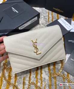 Replica YSL Saint Laurent Envelope Chain Wallet Grain De Poudre 393953 White in Gold Hardware