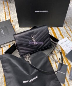 Replica YSL Saint Laurent Envelope Chain Wallet Grain De Poudre 393953 Black in Silver Hardware