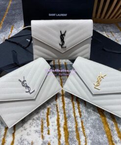 Replica YSL Saint Laurent Envelope Chain Wallet Grain De Poudre 393953 White in Silver Hardware