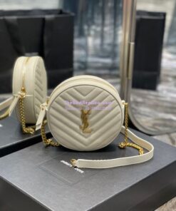 Replica YSL Yves Saint Laurent Vinyle Round Camera Bag In Chevron-quilted Grain De Poudre Embossed Leather 6104361 White