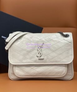 Replica YSL Saint Laurent Niki Chain Bag In Vintage Crinkled And Quilted Leather 498894 Blanc