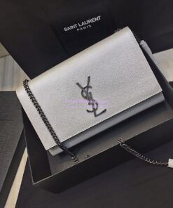 Replica YSL Saint Laurent Classic Medium Kate Silver Hardware In Grained De Poudre Textured Leather Pearly Silver