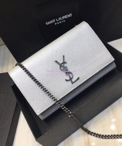 Replica YSL Saint Laurent Classic Medium Kate Silver Hardware In Grained De Poudre Textured Leather Pearly Silver 2