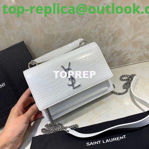 Replica Saint Laurent YSL Sunset Chain Wallet In Shiny Crocodile-embossed Leather 533026 White