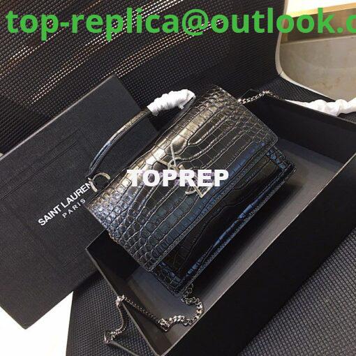 Replica Saint Laurent YSL Sunset Chain Wallet In Shiny Crocodile-embossed Leather 533026 Black