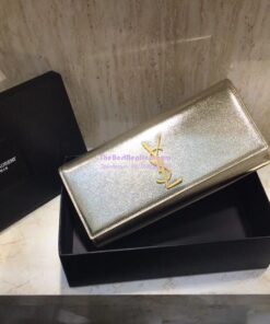 Replica YSL Saint Laurent Classic Monogram Clutch In Grain Metallic Leather Pale Gold