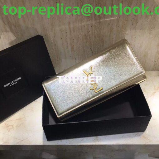 Replica YSL Saint Laurent Classic Monogram Clutch In Grain Metallic Leather Pale Gold