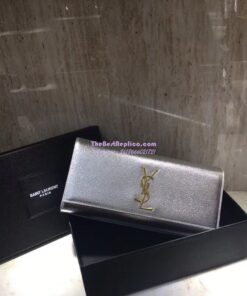 Replica YSL Saint Laurent Classic Monogram Clutch In Grain Metallic Leather Silver