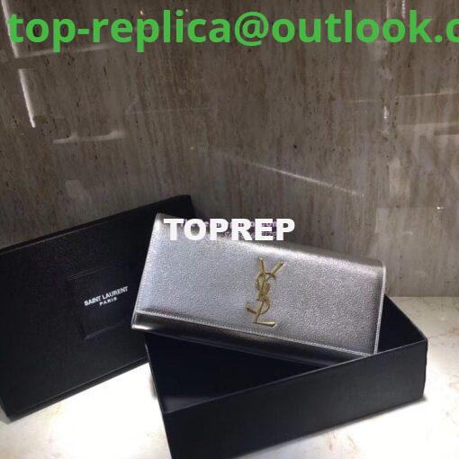 Replica YSL Saint Laurent Classic Monogram Clutch In Grain Metallic Leather Silver