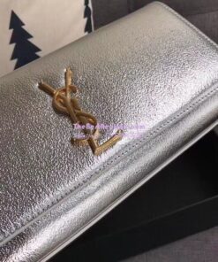 Replica YSL Saint Laurent Classic Monogram Clutch In Grain Metallic Leather Silver 2