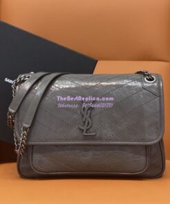 Replica YSL Saint Laurent Niki Chain Bag In Vintage Crinkled And Storm Grey Quilted Leather 498894