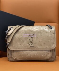 Replica YSL Saint Laurent Niki Chain Bag In Vintage Crinkled And Taupe Quilted Leather 498894