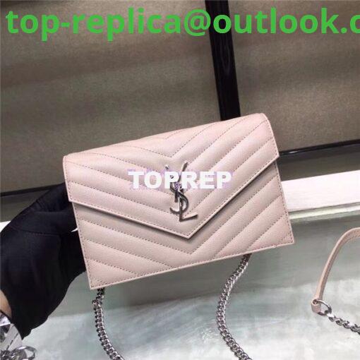 Replica YSL Saint Laurent Envelope Chain Wallet Grain De Poudre Rose in Silver Hardware