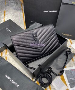 Replica YSL Saint Laurent Monogram Chain Wallet Grain De Poudre Black in Black Hardware